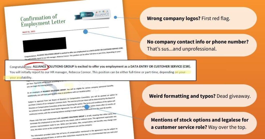 job scam letter example with red flags